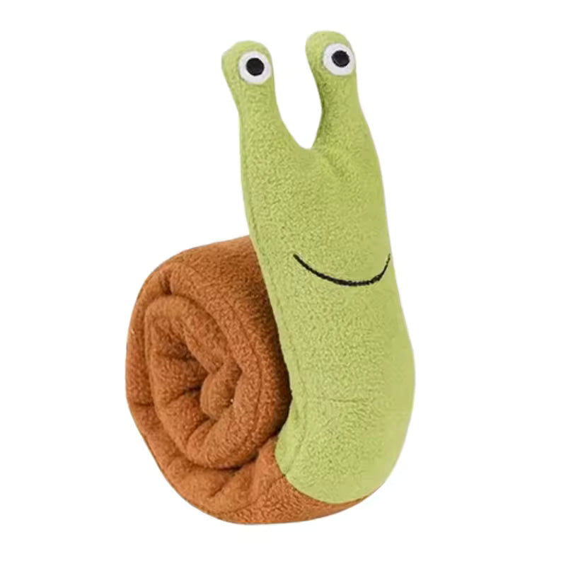 Plush toy snail with a smiling face on a white background
