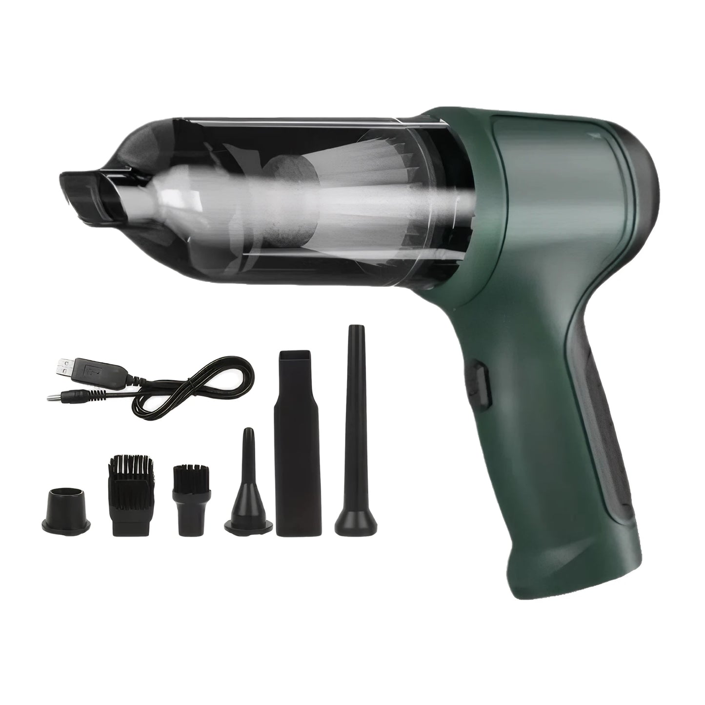 Green handheld vacuum cleaner with attachments on a white background