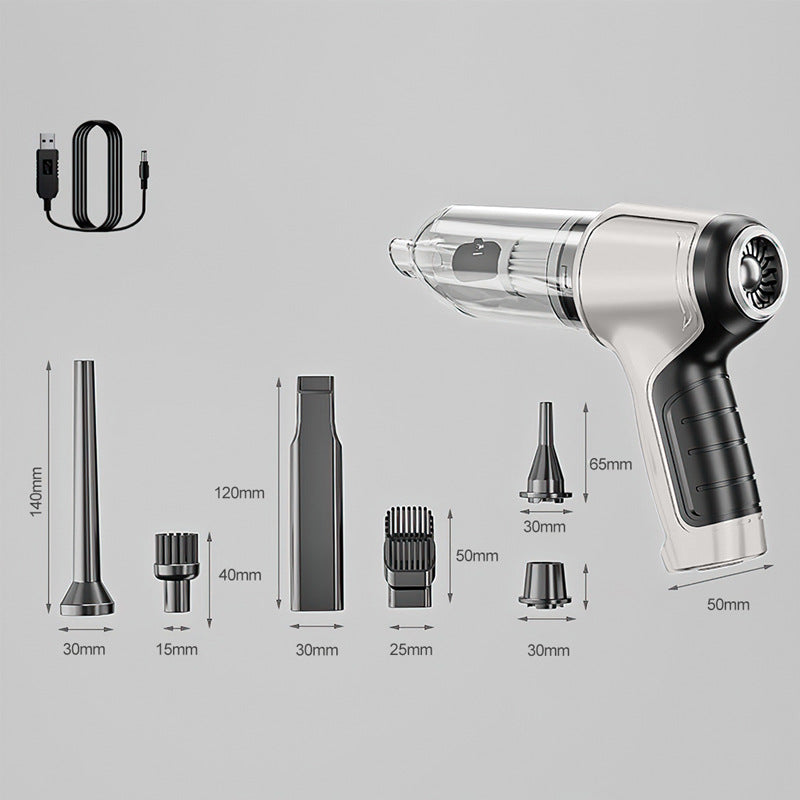 Handheld vacuum cleaner with attachments and measurement details on a gray background