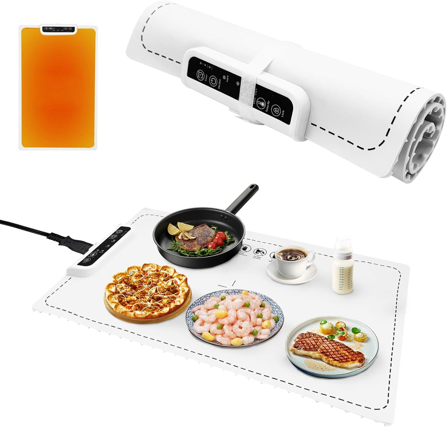White heating pad with food items on a white background