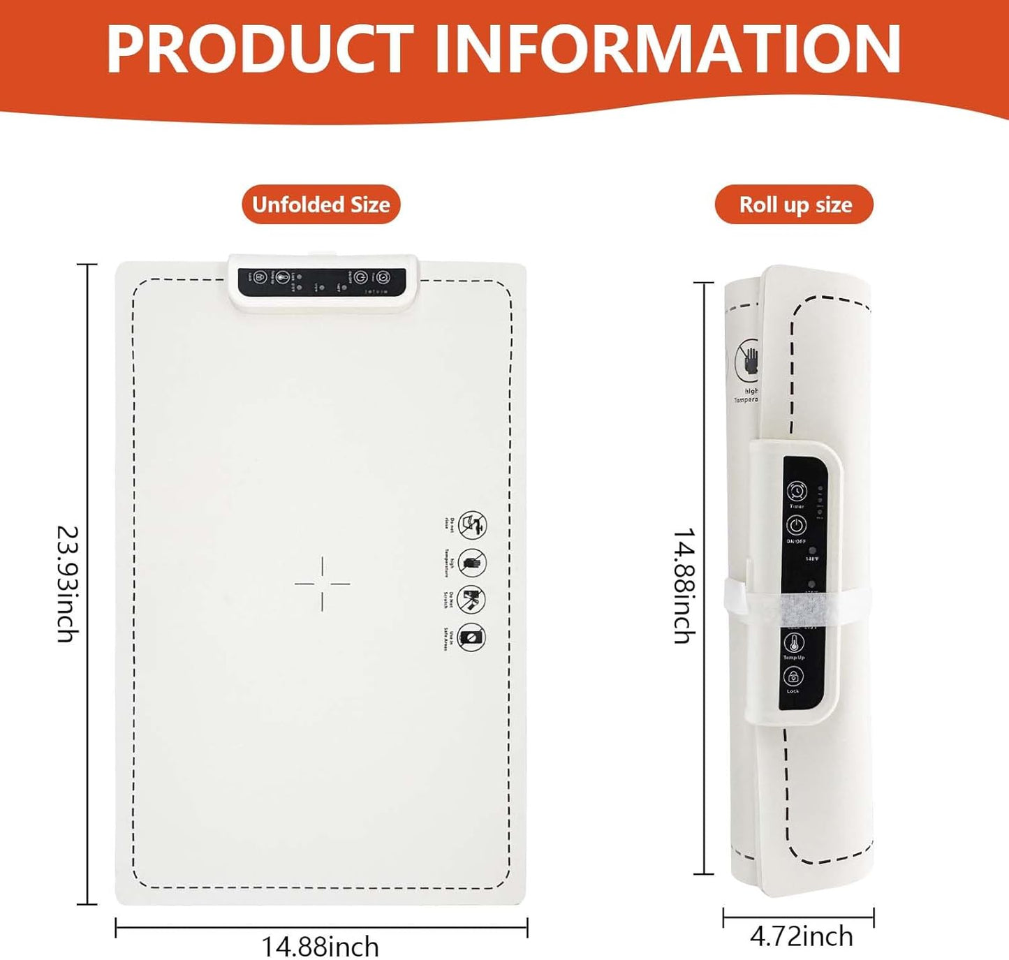 White heating mat with measurements on a white background.