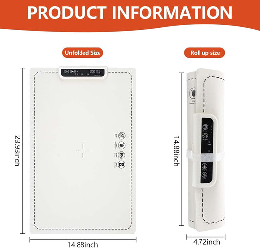 White heating mat with measurements on a white background.