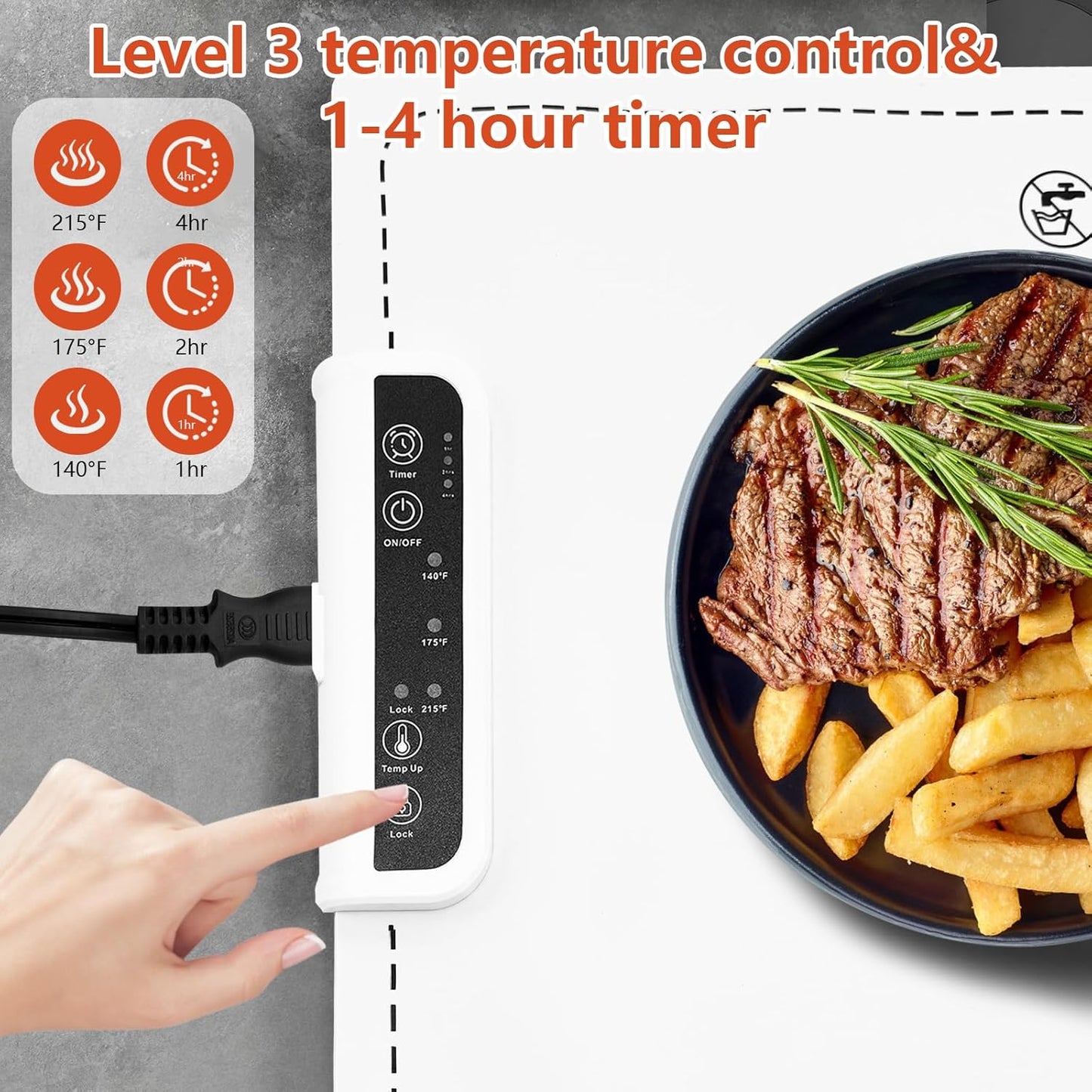 Finger pressing a button on the temperature control feature on the heating mat with a plate of stake and fries on the heating mat. Text on image reads: "Level 3 temperature controle & 1–4 hour timer".