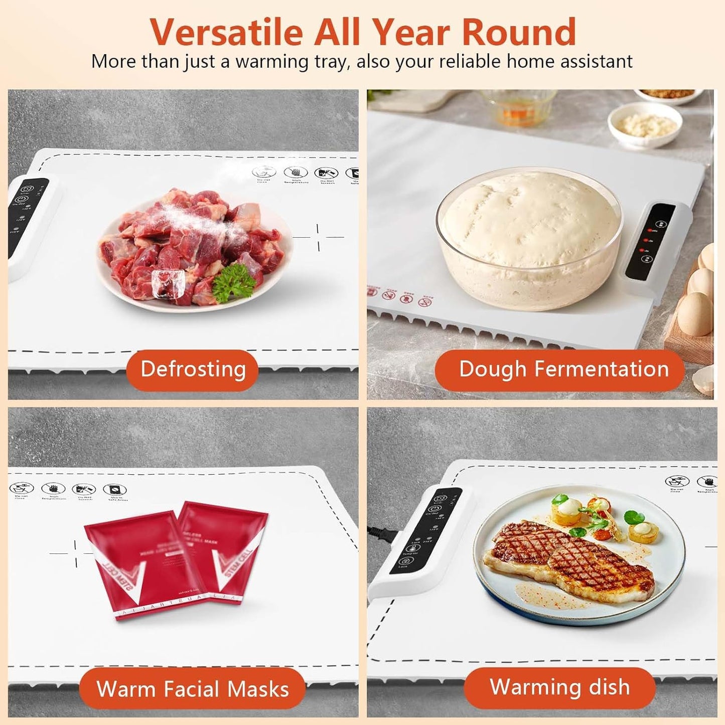 Multifunctional warming tray with various uses including defrosting, dough fermentation, warming facial masks, and warming a dish with food