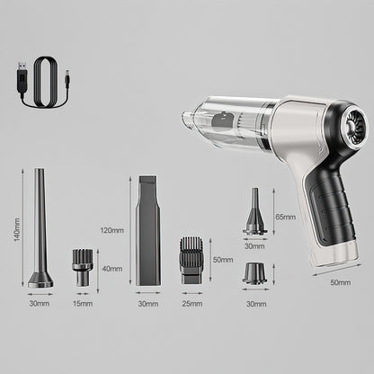 Handheld vacuum cleaner with attachments and measurement details on a gray background