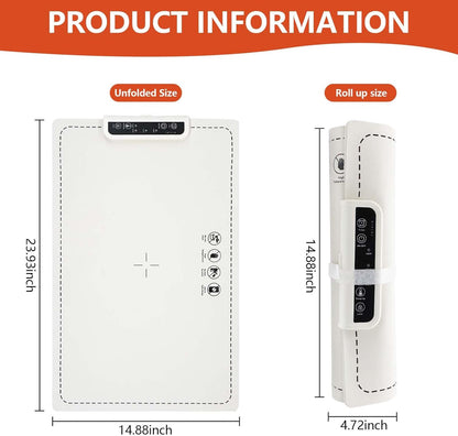 White heating mat with measurements on a white background.