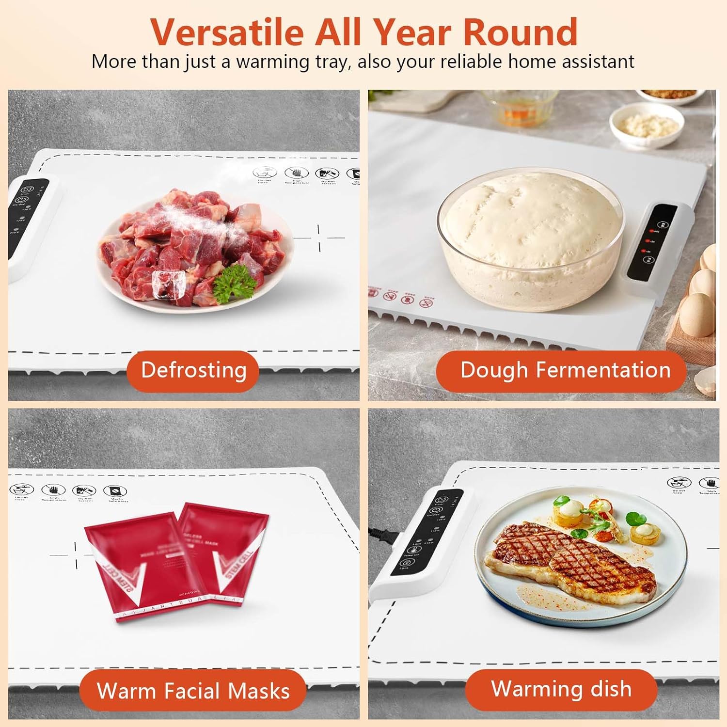 Multifunctional warming tray with various uses including defrosting, dough fermentation, warming facial masks, and warming a dish with food